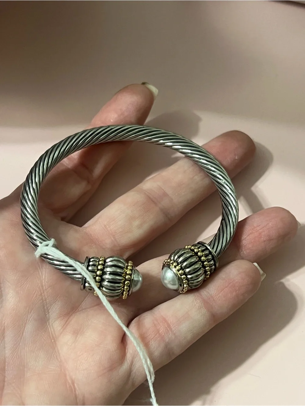 MKM Designs Silver-Tone Twisted Cable Cuff with Gold Accents and Pearl Ends